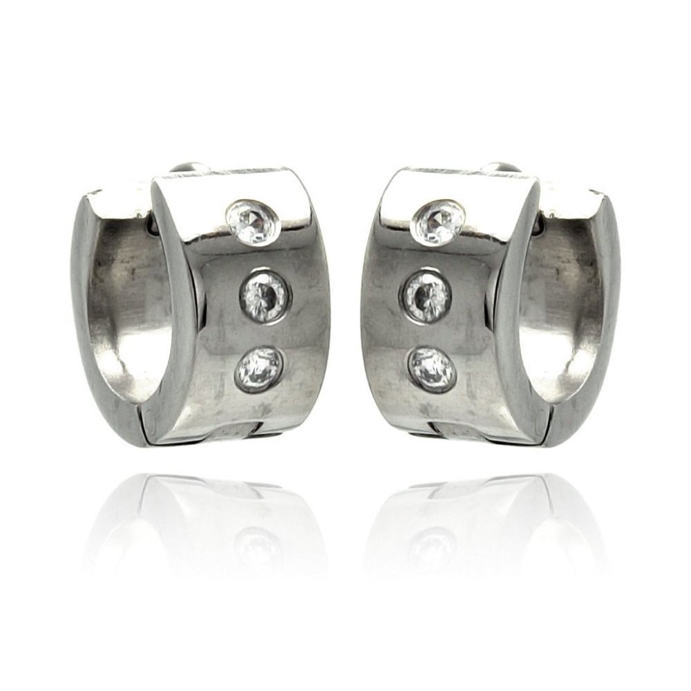 Stainless Steel Rhodium Plated Clear CZ Small Wide Hoop Huggies Earrings